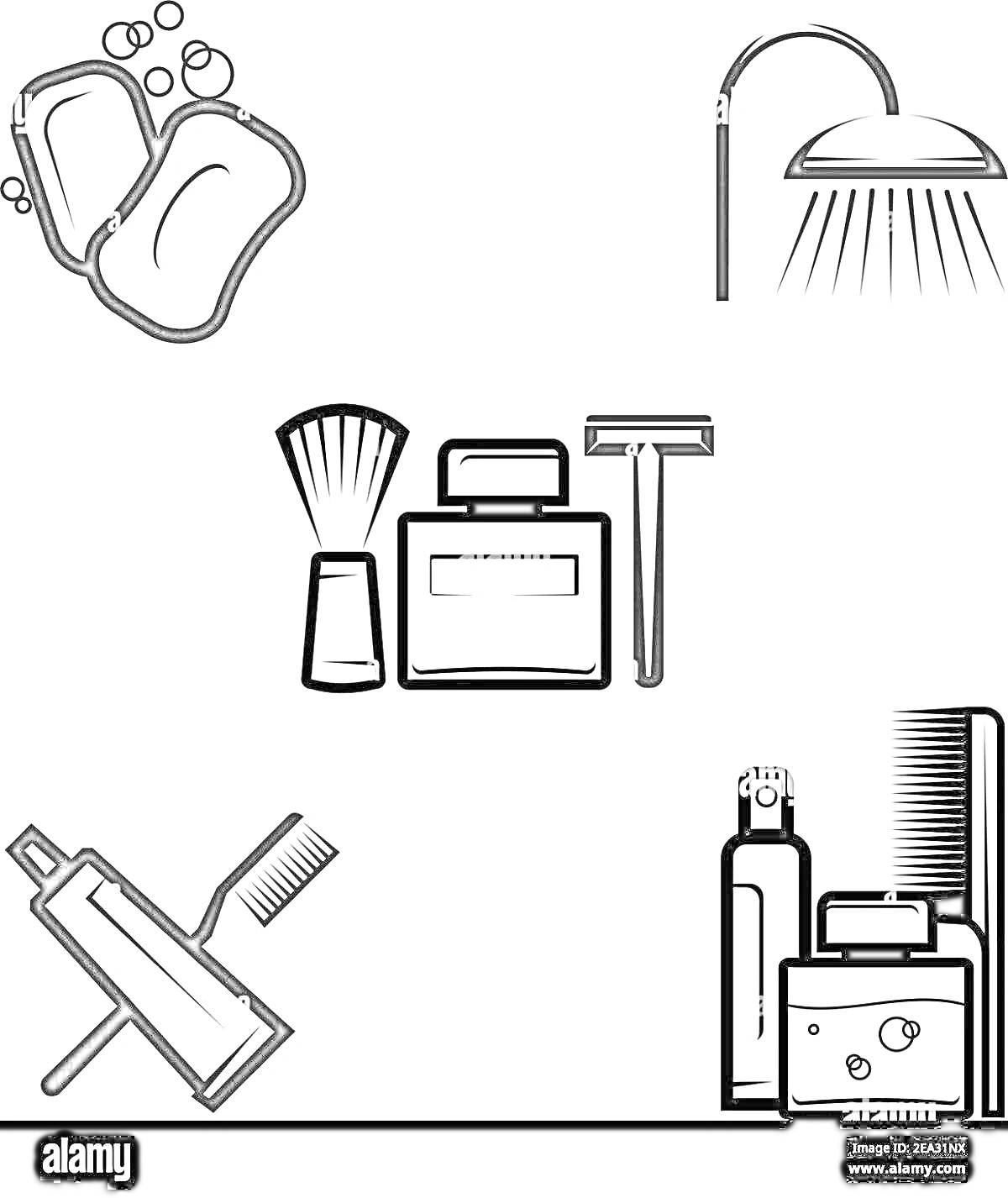 На раскраске изображено: Личная гигиена, Мыло, Душ, Бритва, Зубная паста, Зубная щетка, Спрей, Расческа, Крем, Уход за собой, Чистота, Ванная комната, Флаконы