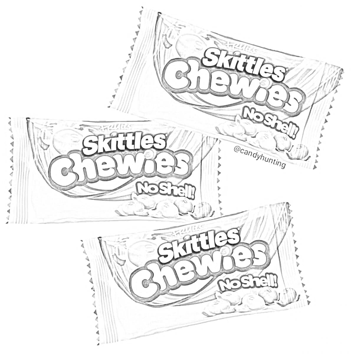 Раскраска Три упаковки конфет Skittles Chewies без оболочки