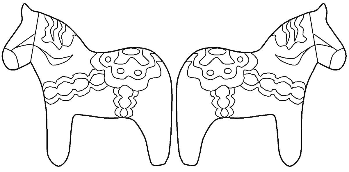 Раскраска Дымковская лошадка, два коня с одинаковым орнаментом