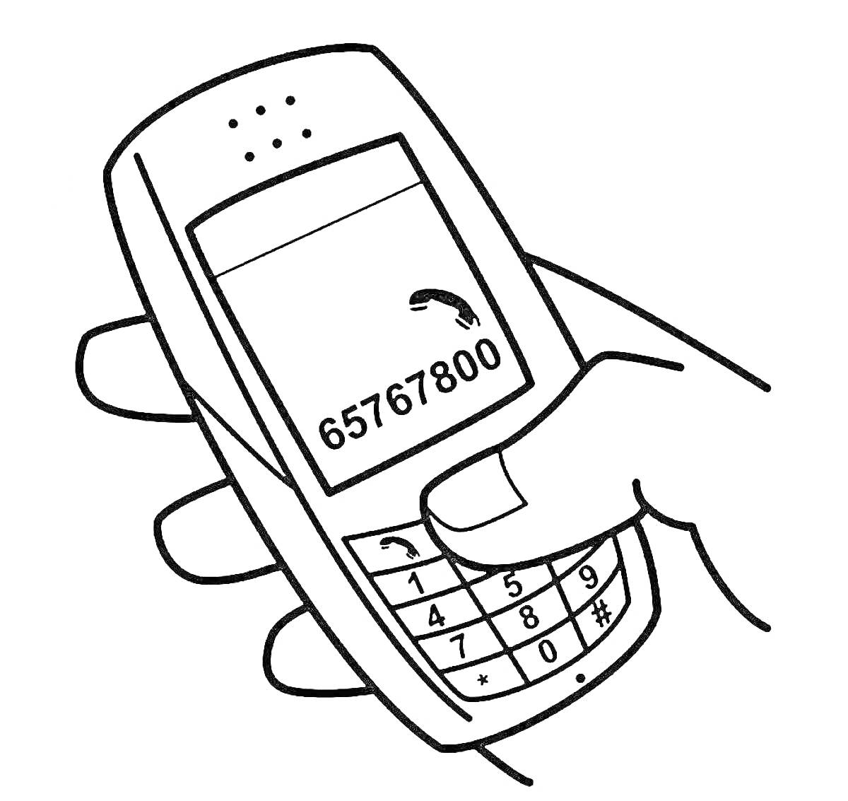 Раскраска Телефон в руке с цифрами и изображением трубки