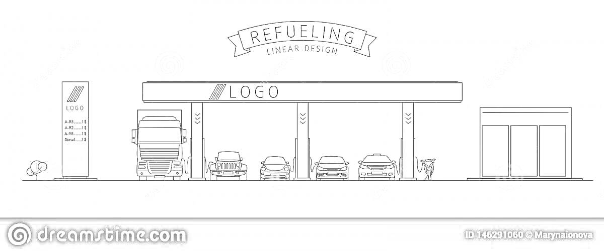 Раскраска Заправка с грузовиком, автомобилями и магазином