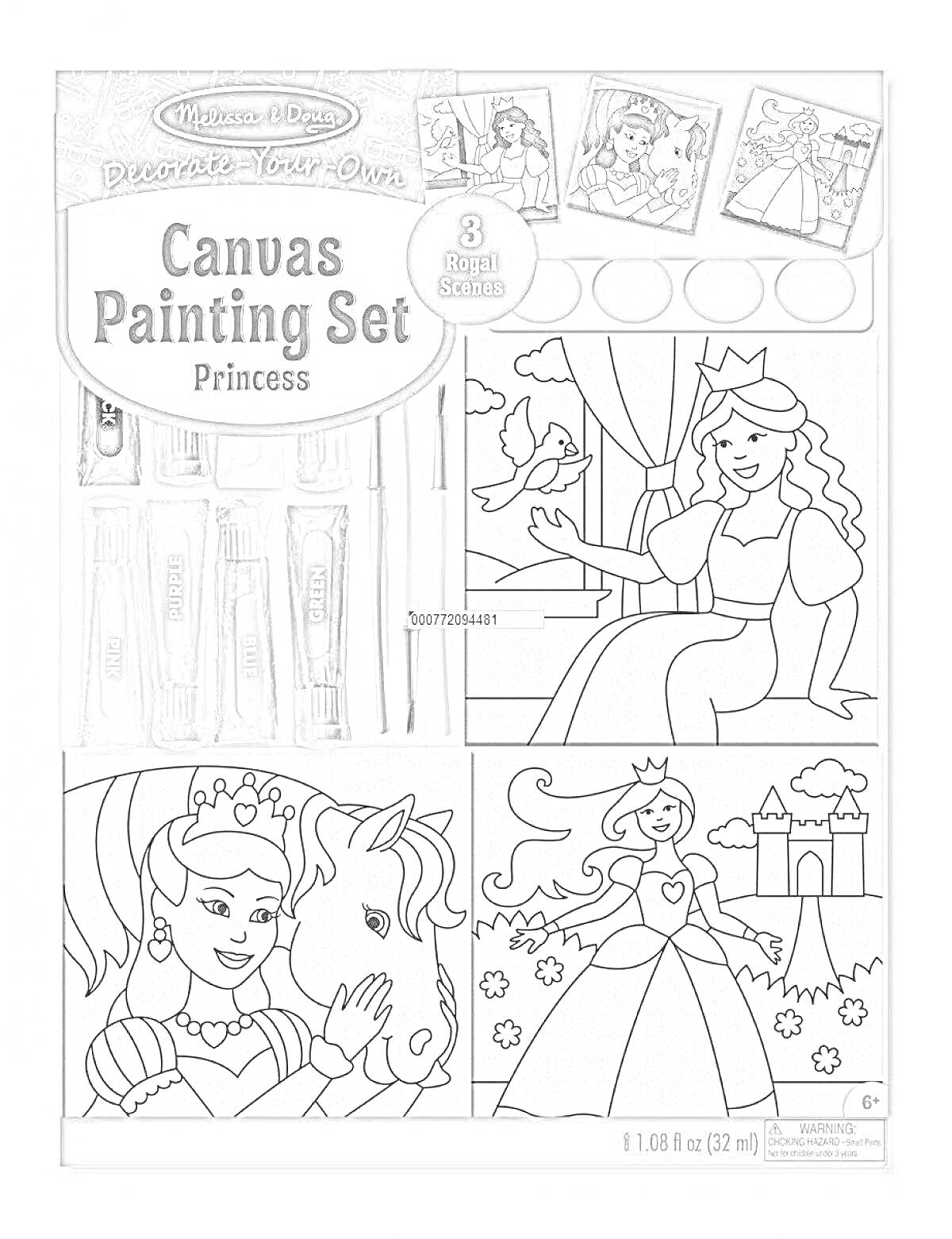 Раскраска Canvas Painting Set Princess, 3 Royal Scenes, includes paint, brush, and outline images of princesses in various settings including a forest, with a unicorn, and in front of a castle