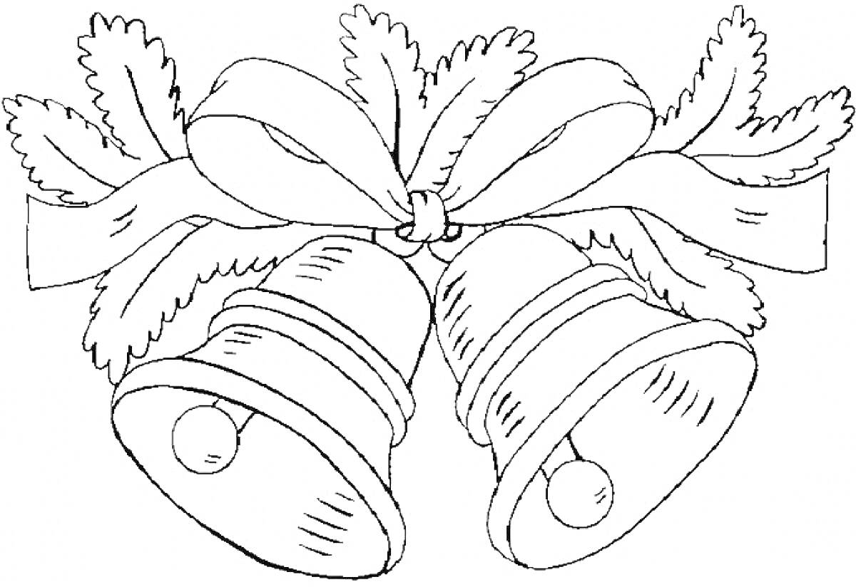 Раскраска Новогодние колокольчики с лентой и еловыми веточками