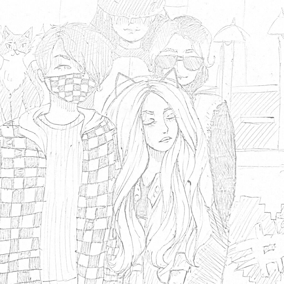 На раскраске изображено: Группа людей, Кот, Уличная сцена, Очки, Маска, Длинные волосы