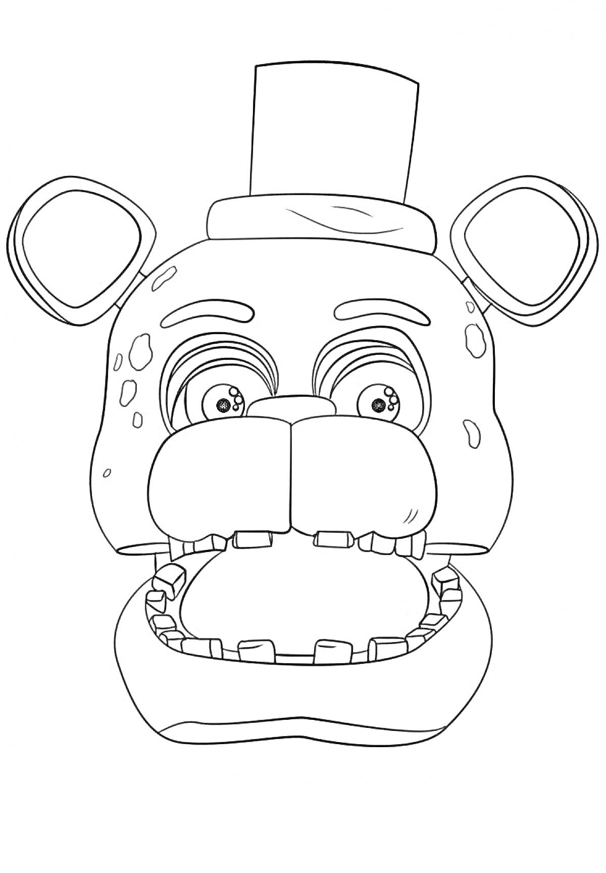 На раскраске изображено: Аниматроник, Медведь, Цилиндр, Голова, Открытый рот