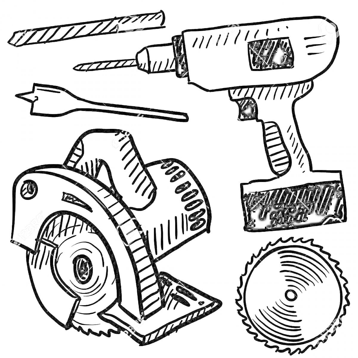 Раскраска Дрель, круглая пила, сверло, бита, пильный диск