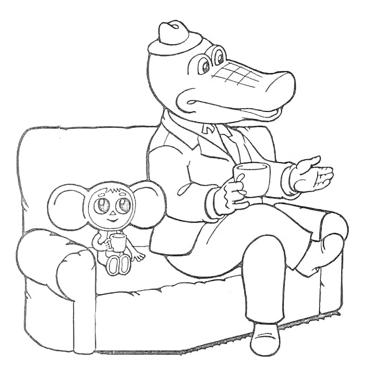 Раскраска Чебурашка и Гена на диване с чашками в руках