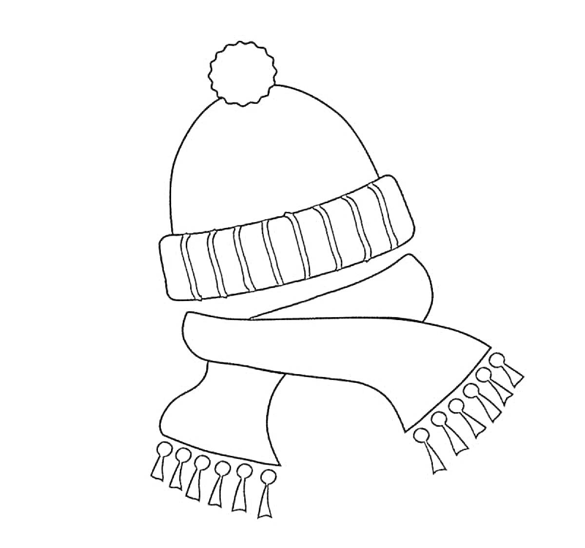 Раскраска Зимняя шапка с помпоном и шарф с кисточками
