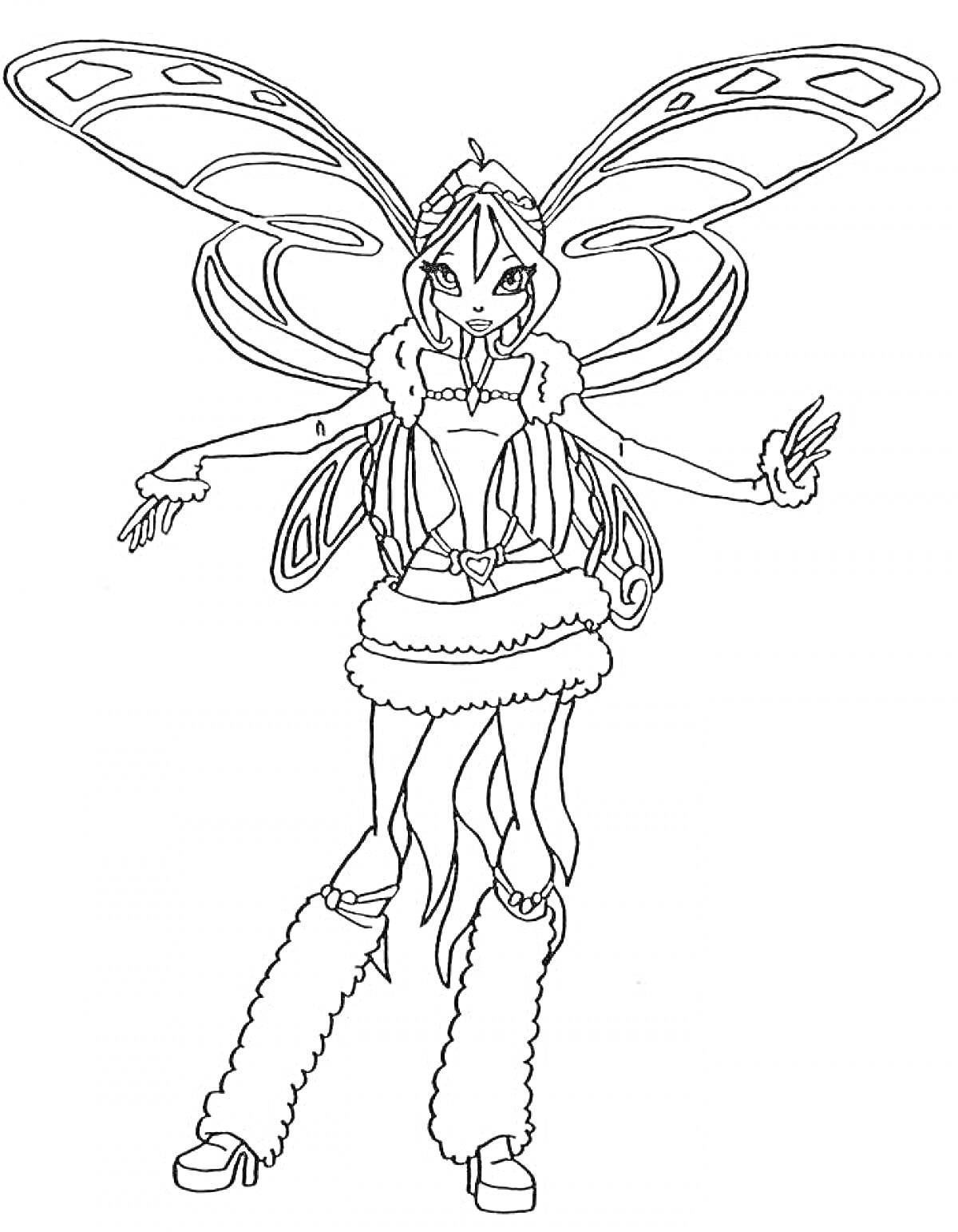 Раскраска Винкс Беливикс: Волшебная фея в наряде с меховой отделкой, раскинувшая руки в стороны, с большими крыльями, обутая в туфли и высокие меховые гамаши.