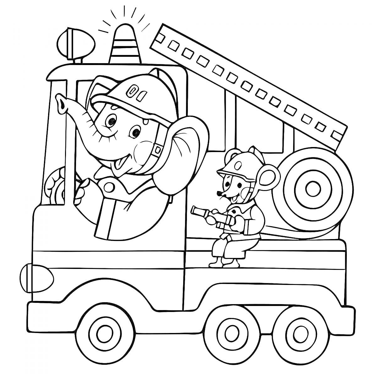 На раскраске изображено: Пожарная машина, Слон, Лестница, Шланг, Пожарные, 3 года, 4 года, Для детей, Мышь, Шлемы