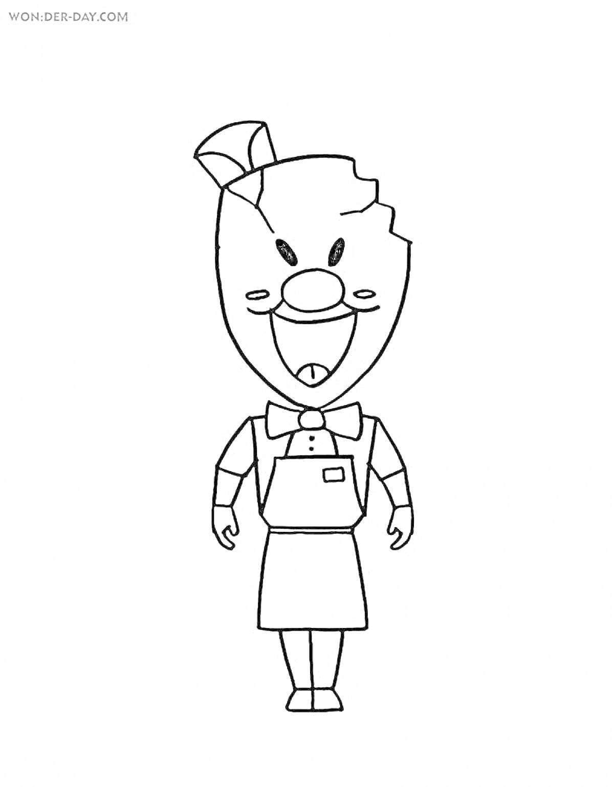 Раскраска Мороженщик Род - улыбающийся персонаж в фартуке и шляпе с трещиной на голове