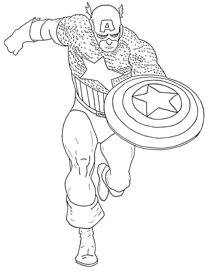 Раскраска Капитан Америка в прыжке с щитом