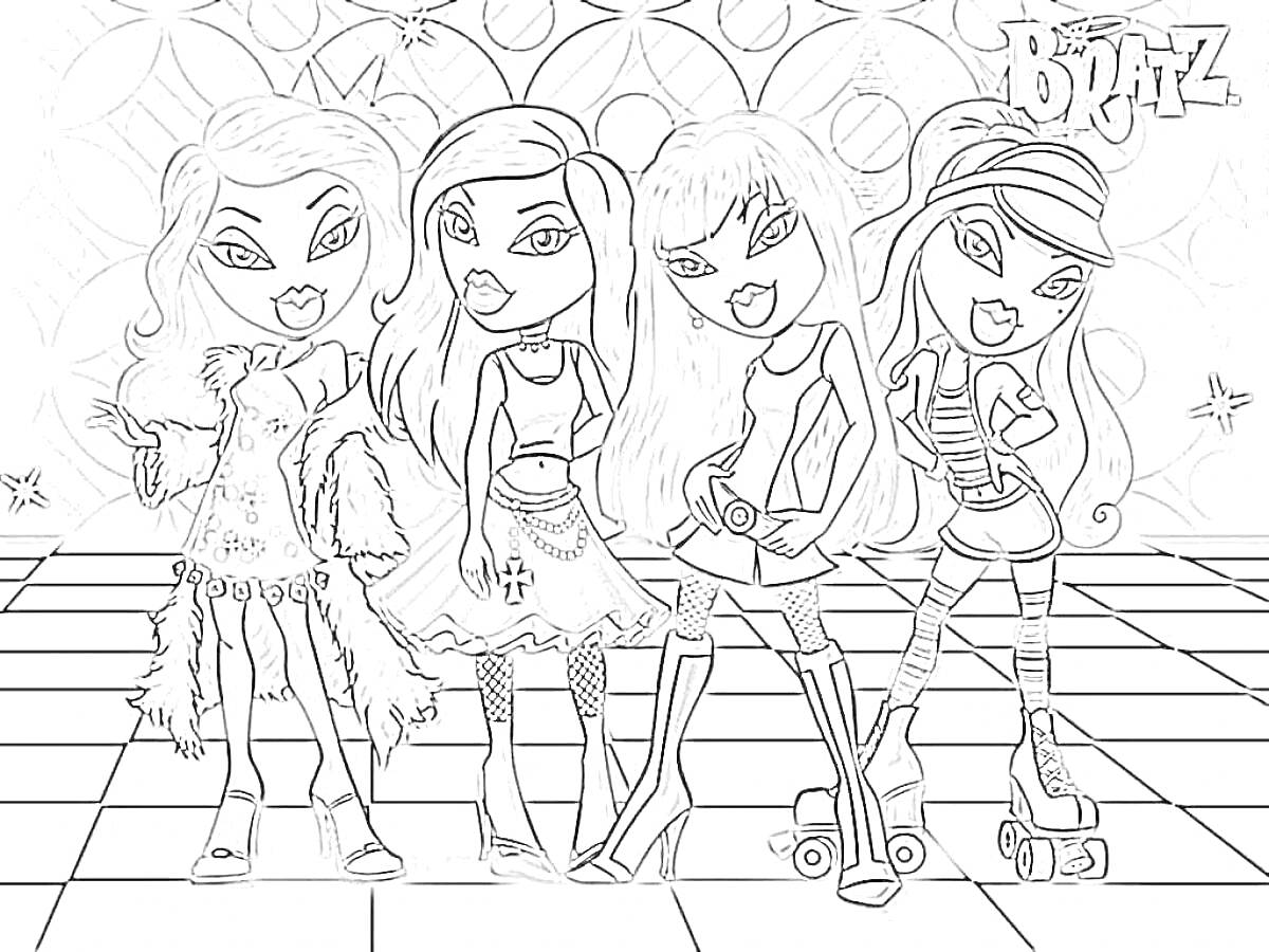 Раскраска Девочки на дискотеке в стильных нарядах