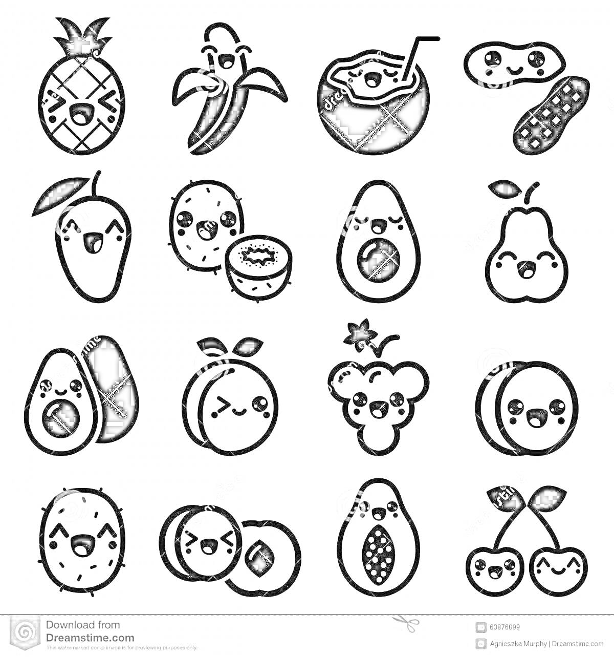 РаскраскаМилые фрукты с лицами: ананас, банан, кокос с трубочкой, арахис, манго, личи, киви, груша, авокадо, слива, личи, мишка, авокадо, личи, маракуйя, вишня