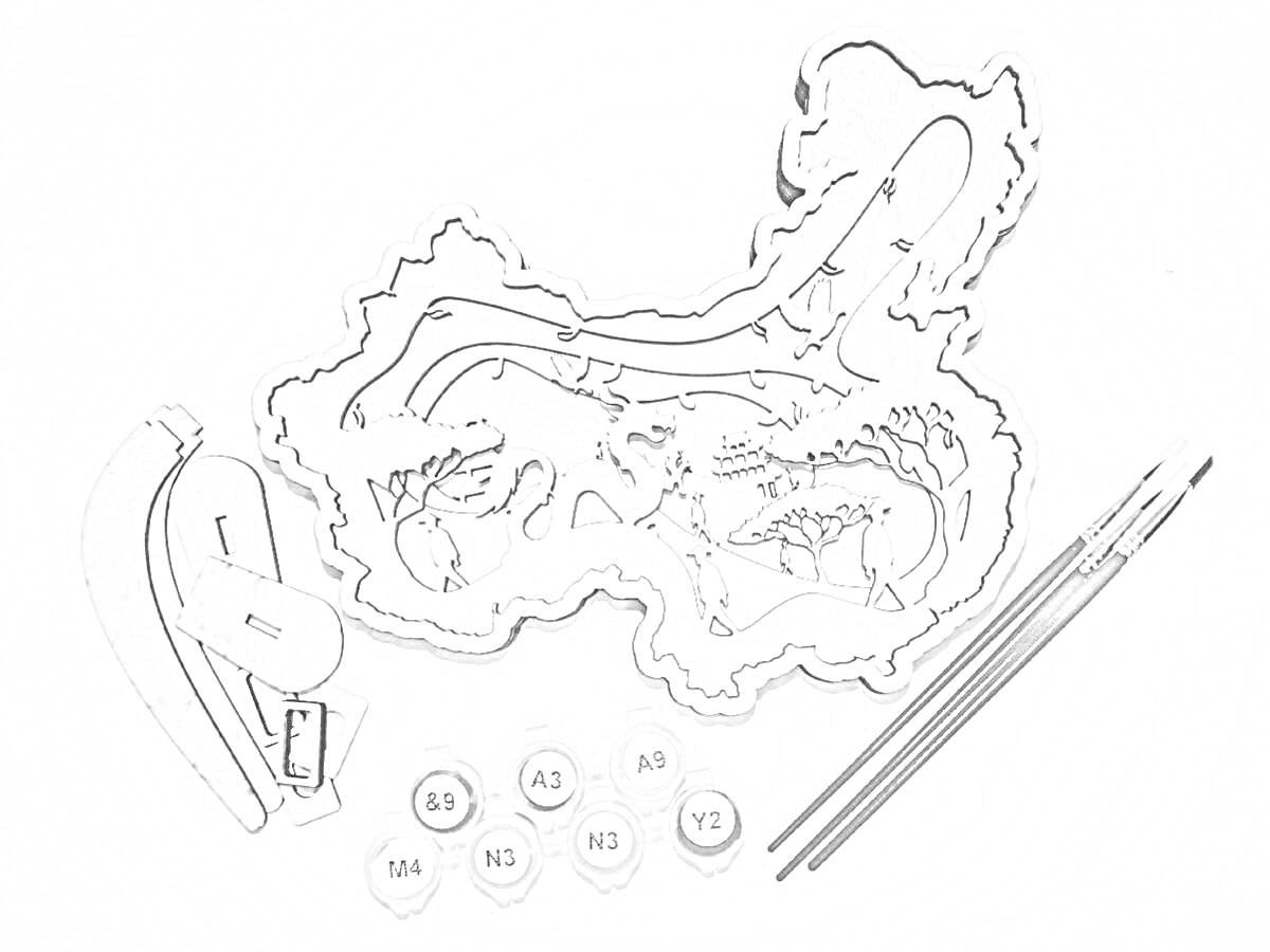Раскраска Многослойная деревянная раскраска: деревянные элементы с контуром пейзажа, краски в баночках, кисти, металлические элементы для крепления