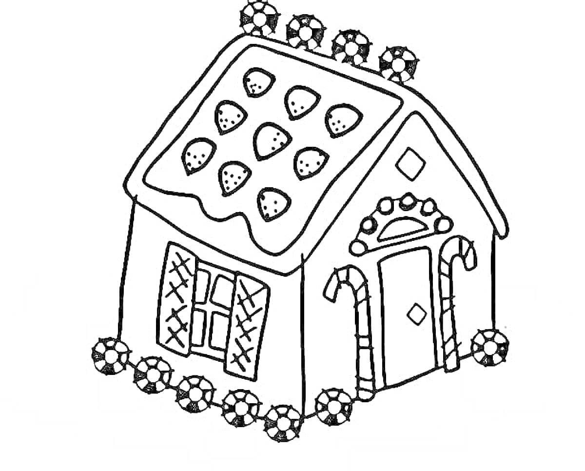 На раскраске изображено: Пряничный домик, Конфеты, Леденцы, Домик, Окна, Дверь, Крыша, Сладости