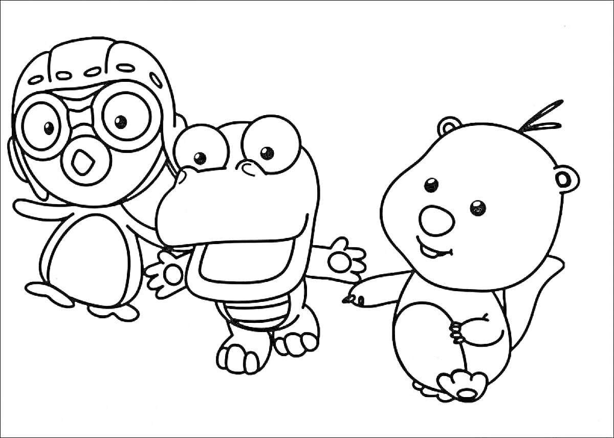 На раскраске изображено: Пингвинёнок Пороро, Очки, Дружба, Для детей, Медведь, Шлемы