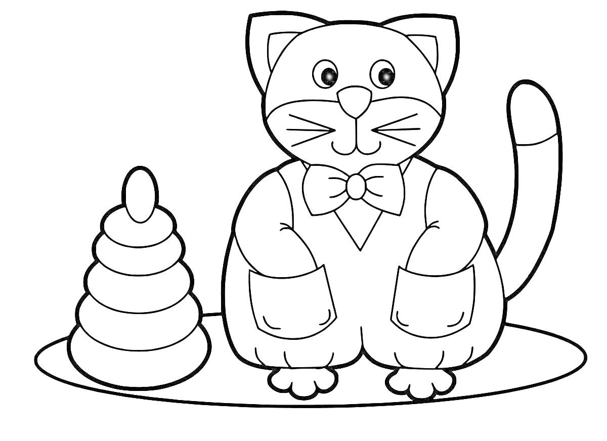 На раскраске изображено: Кот, Для детей, 3-4 года, Бант, Ковер, Пирамида