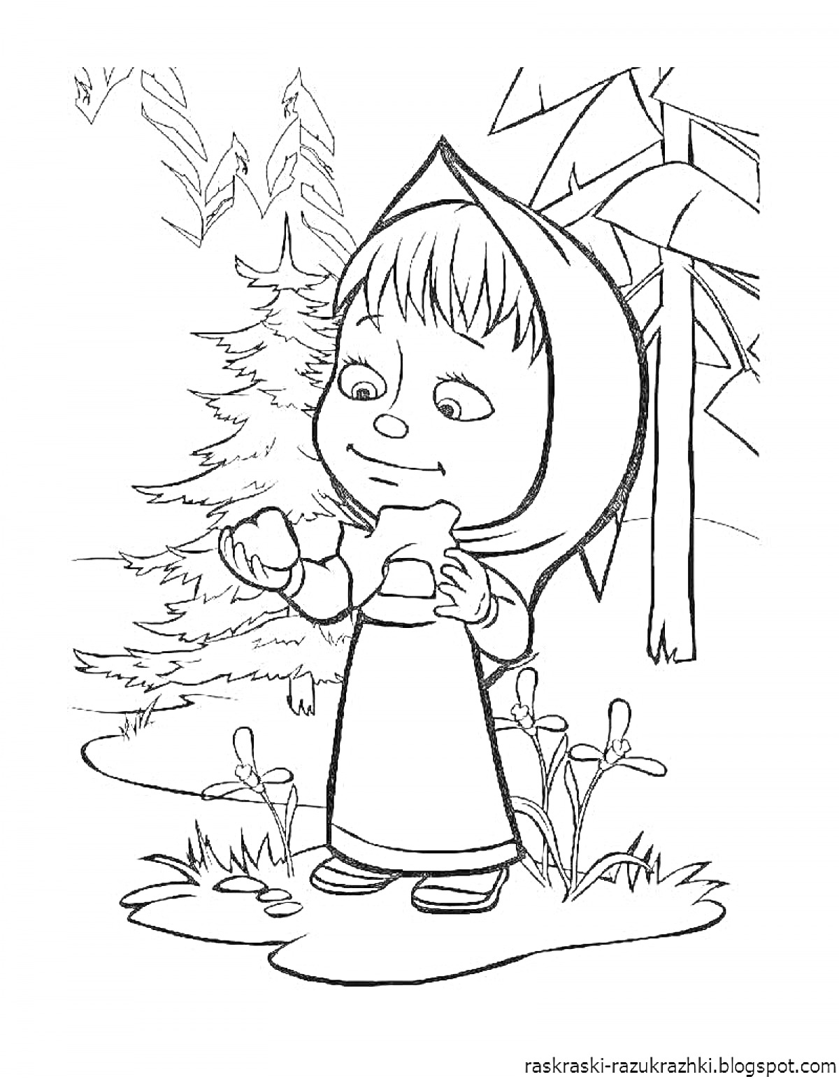 Раскраска Девочка в платке в лесу, держит снежок