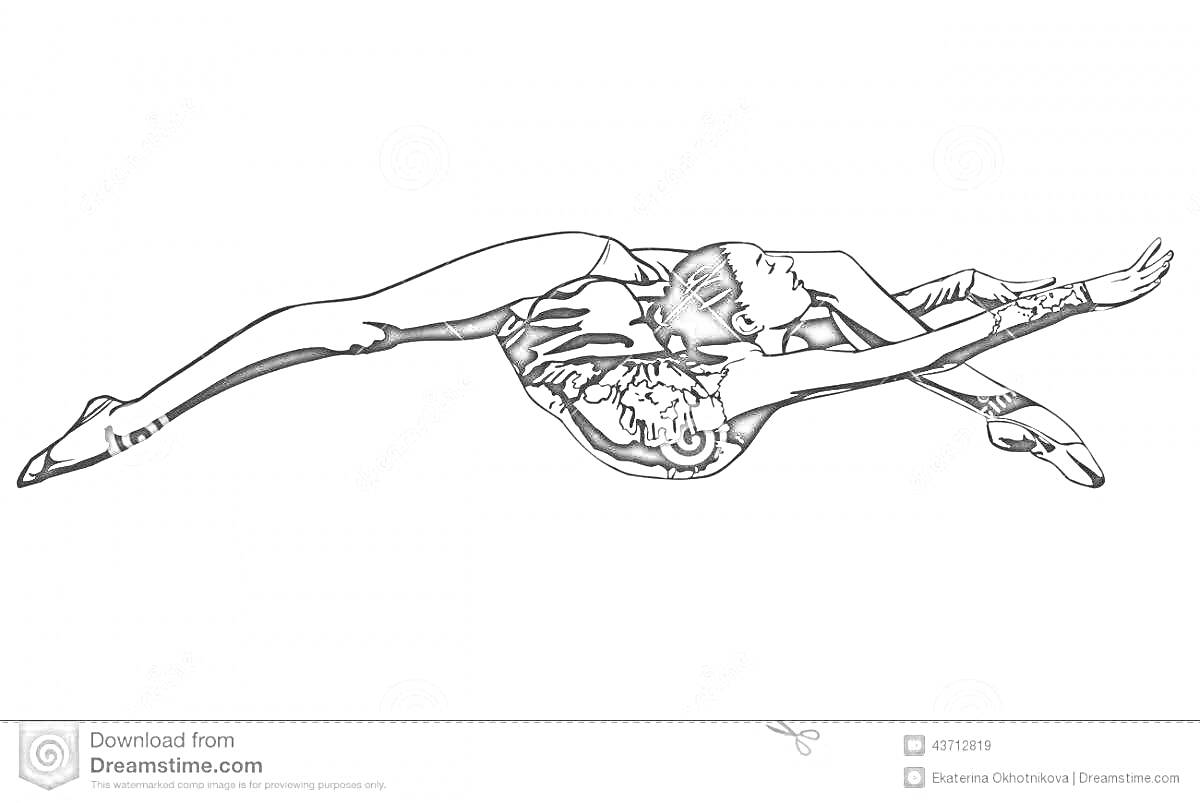 Раскраска Гимнастка в растяжке на полу, поднятая одна нога, руки вытянуты вперед