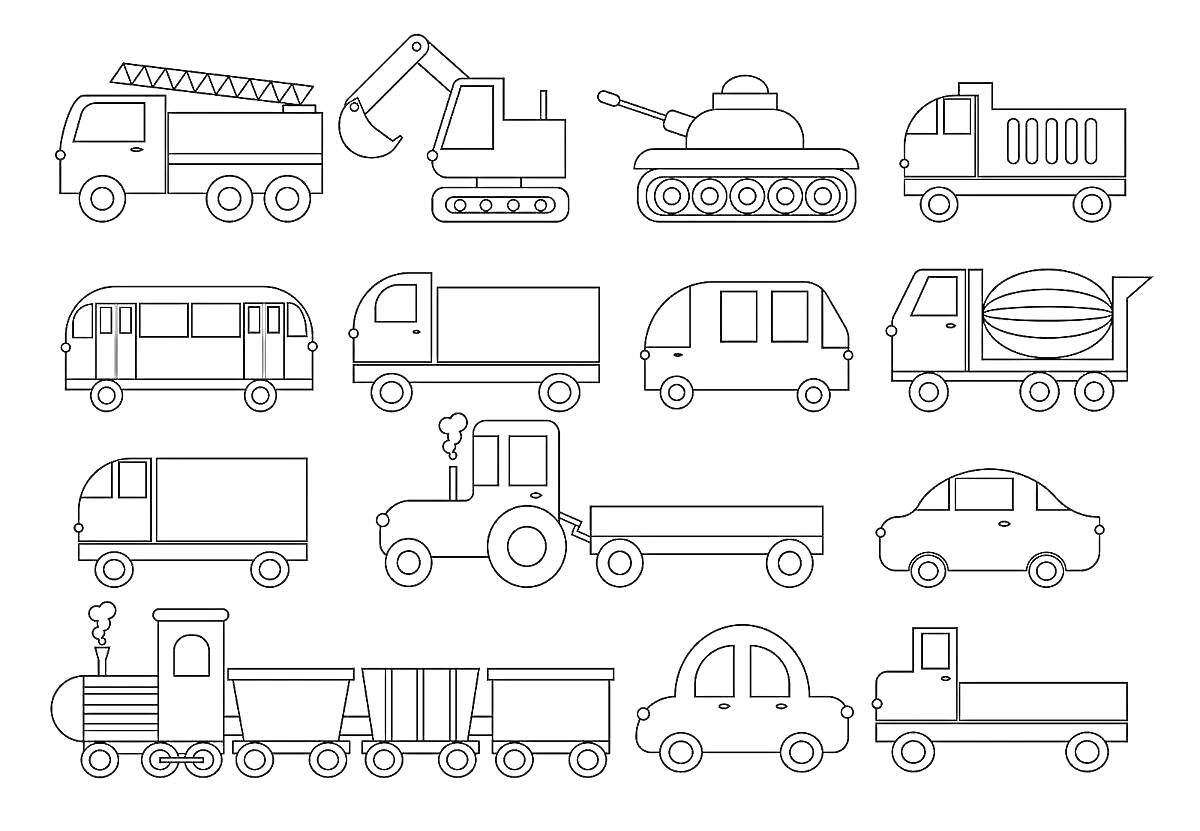 На раскраске изображено: Наземный транспорт, Пожарная машина, Экскаватор, Танк, Фургон, Автобус, Трактор, Легковая машина, Поезд, Пикап, Транспорт