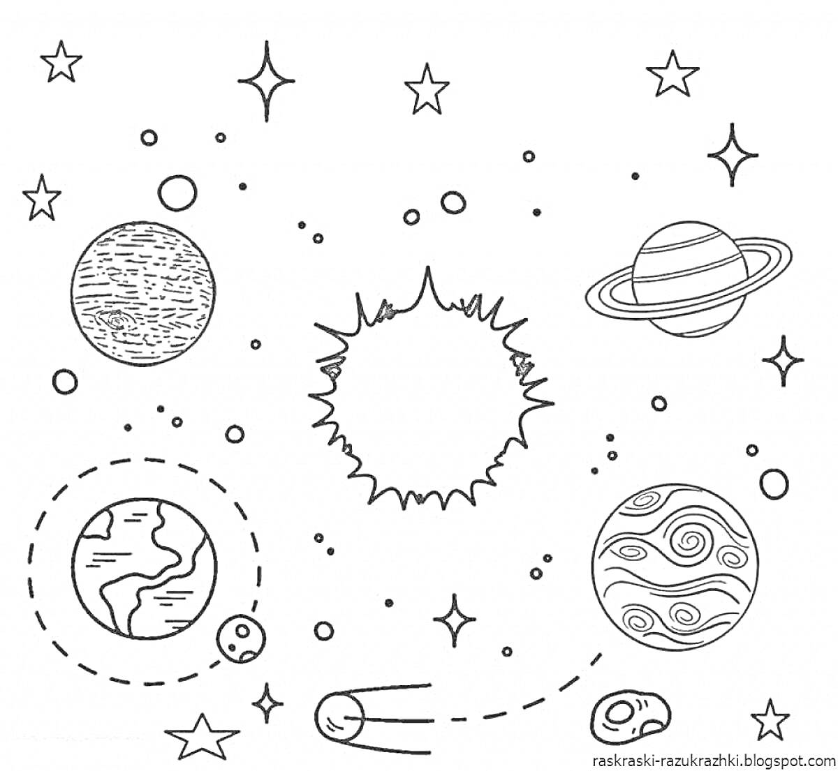 Раскраска Планеты солнечной системы для детей. Изображение содержит солнце в центре, шесть звезд различных форм, планеты с кольцами, три орбитальных пути с точками, несколько мелких планет или спутников, комету с хвостом, большие планеты с различными узорами на пов
