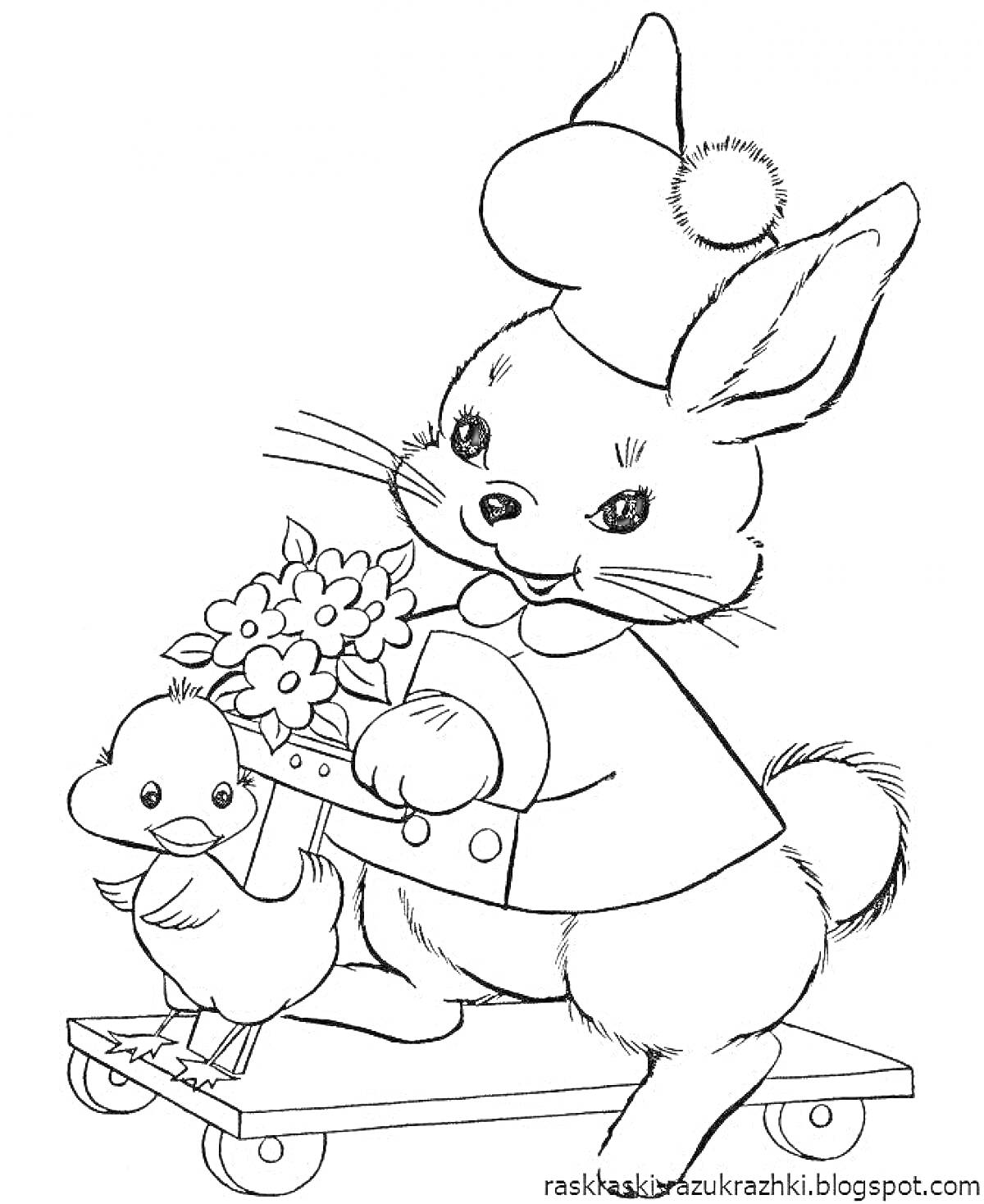 На раскраске изображено: Новогодний кролик, Скейтборд, Цветы, Для детей, Утка