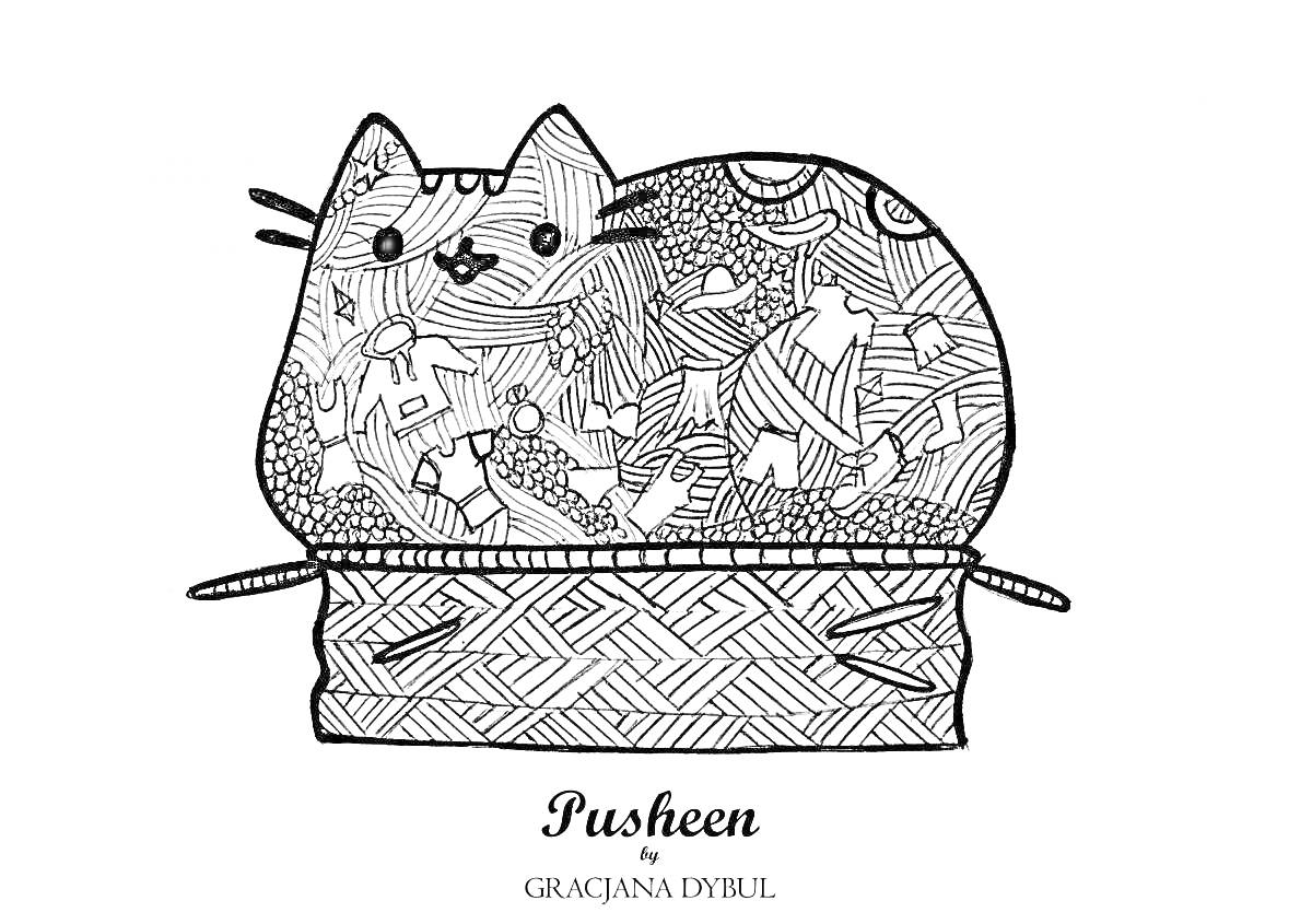 На раскраске изображено: Pusheen, Кот, Коробка, Узоры, Абстрактные узоры, Геометрические узоры, Антистресс