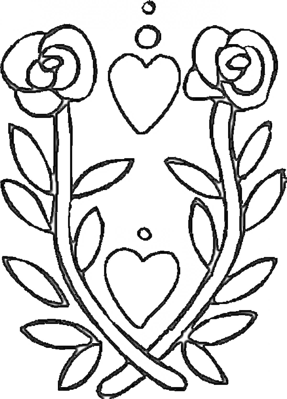 На раскраске изображено: Розы, Цветы, Контурные рисунки, Листья, Сердца