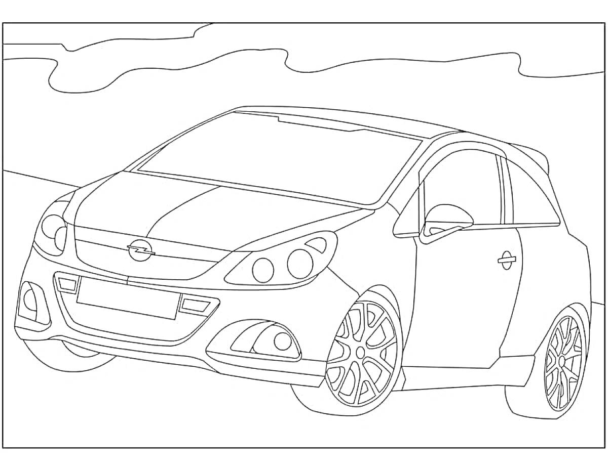 На раскраске изображено: Opel Astra, Транспорт, Колёса, Лобовое стекло, Фары, Линии, Фон