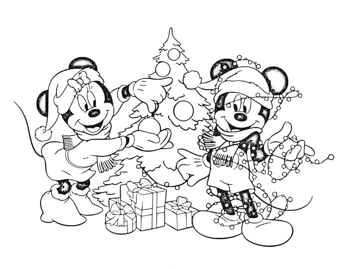 Раскраска Мини и Микки Маус украшают новогоднюю елку с подарками