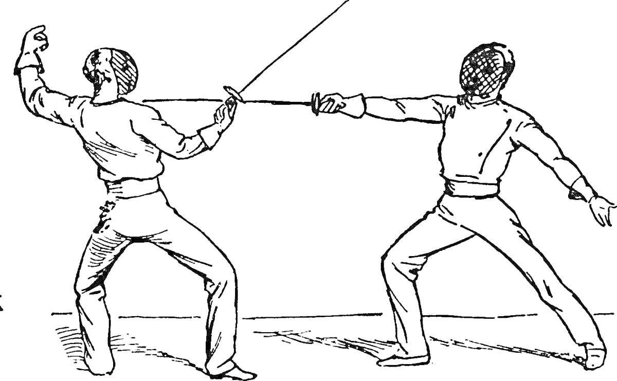 Два фехтовальщика в защитных масках сражаются на шпагах