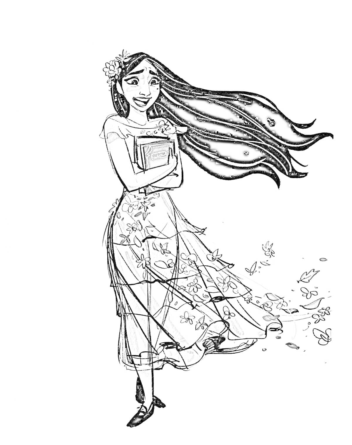 Раскраска Девушка с длинными волосами держит книгу, вокруг нее плывут бабочки