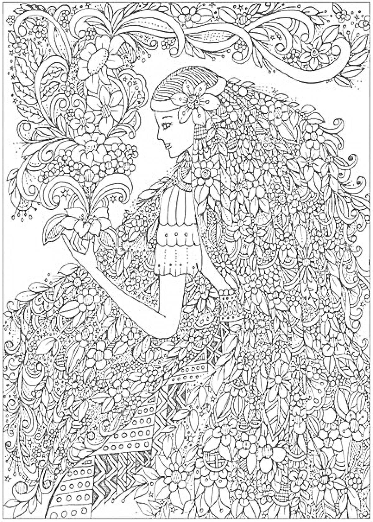 Раскраска Девушка с цветами в волосах и букетом в руках
