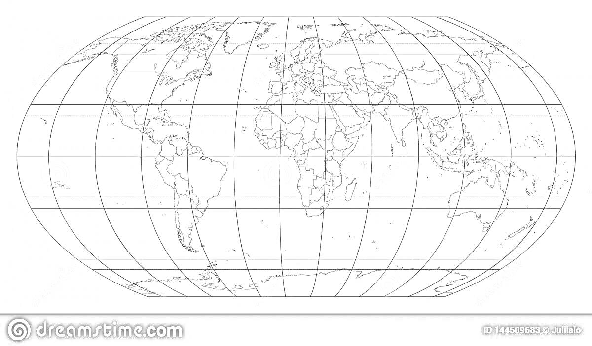 Раскраска Карта мира с экватором, параллелями и меридианами