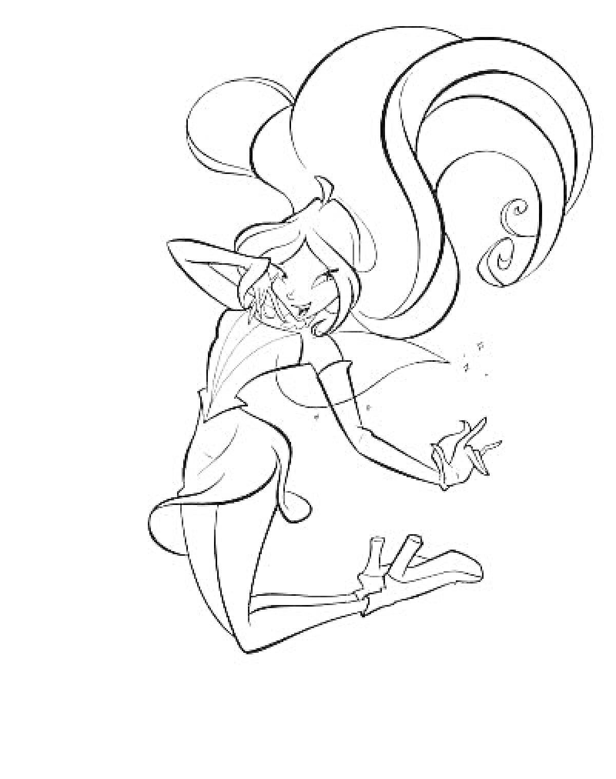Раскраска Винкс Флора с длинными волосами в платье и ботинках, прыгающая и касающаяся звездочек