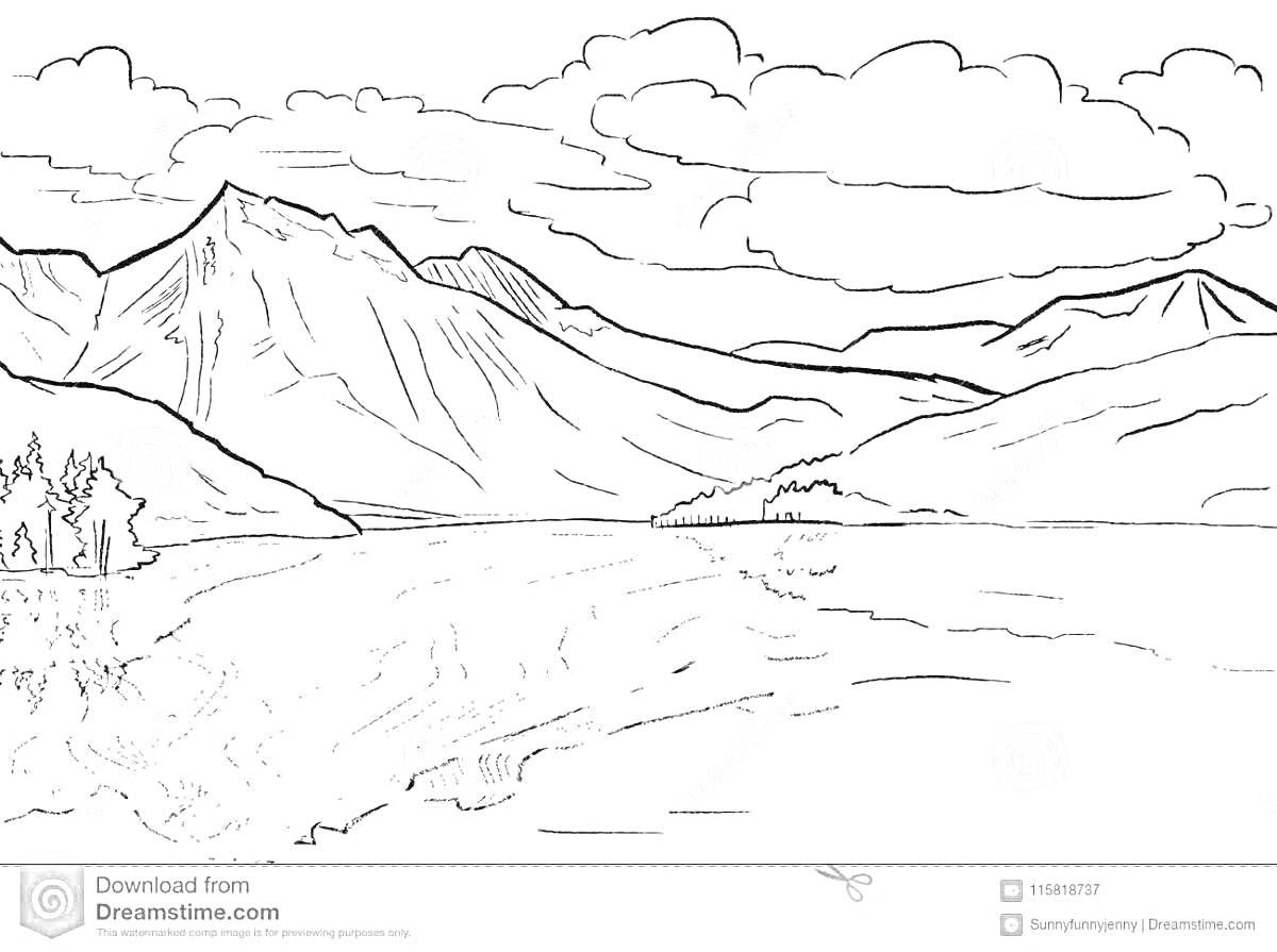 Раскраска Горный пейзаж с озером, деревьями и облаками. На переднем плане изображено озеро, вокруг которого растут деревья. За ними видны высокие горы, а на небе нарисованы облака.
