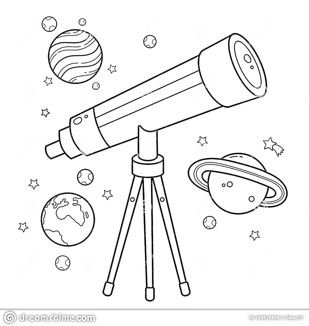 На раскраске изображено: Телескоп, Планеты, Звезды, Космос, Наука, Астрономия, Сатурн, Земля