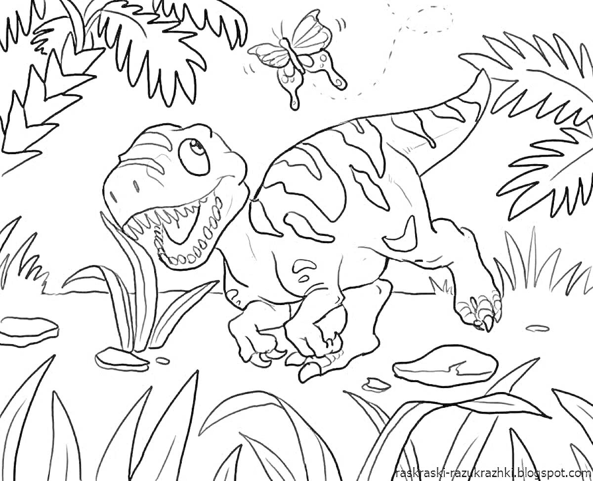 Раскраска Динозавр в джунглях с бабочкой и камнями