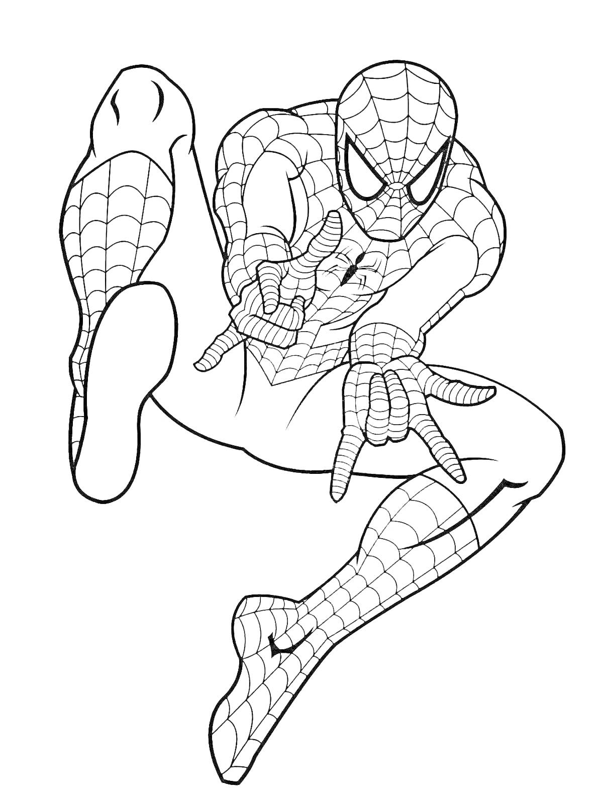 Раскраска Человек-паук в прыжке, вытянувший руку с паутиной