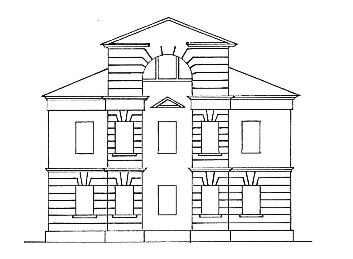 На раскраске изображено: Дом, Колонны, Окна, Архитектура, Фасад, Крыша, Здание, Двухэтажный дом