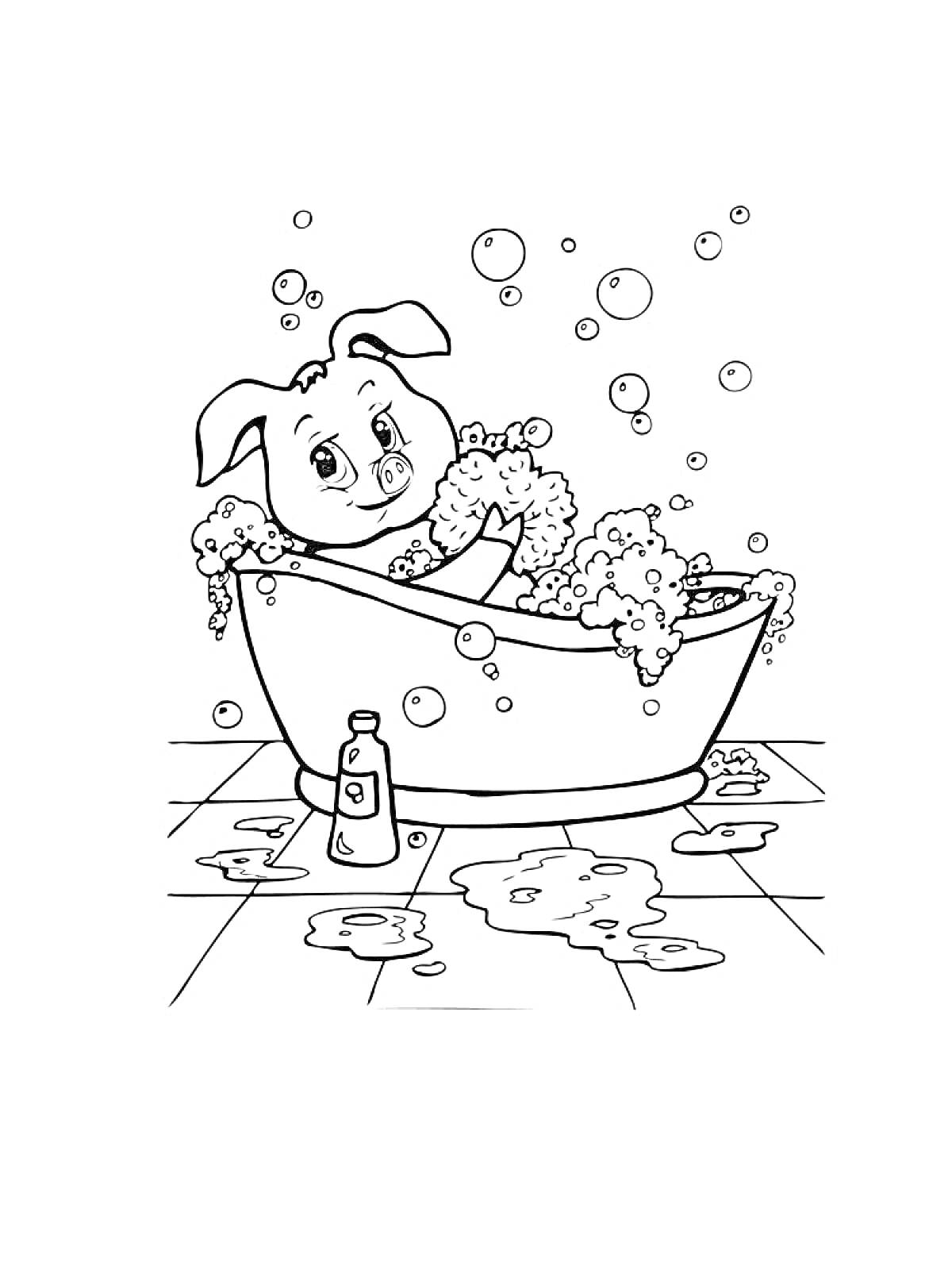 Раскраска Щенок в ванной с пеной, на полу бутылочка и лужи воды