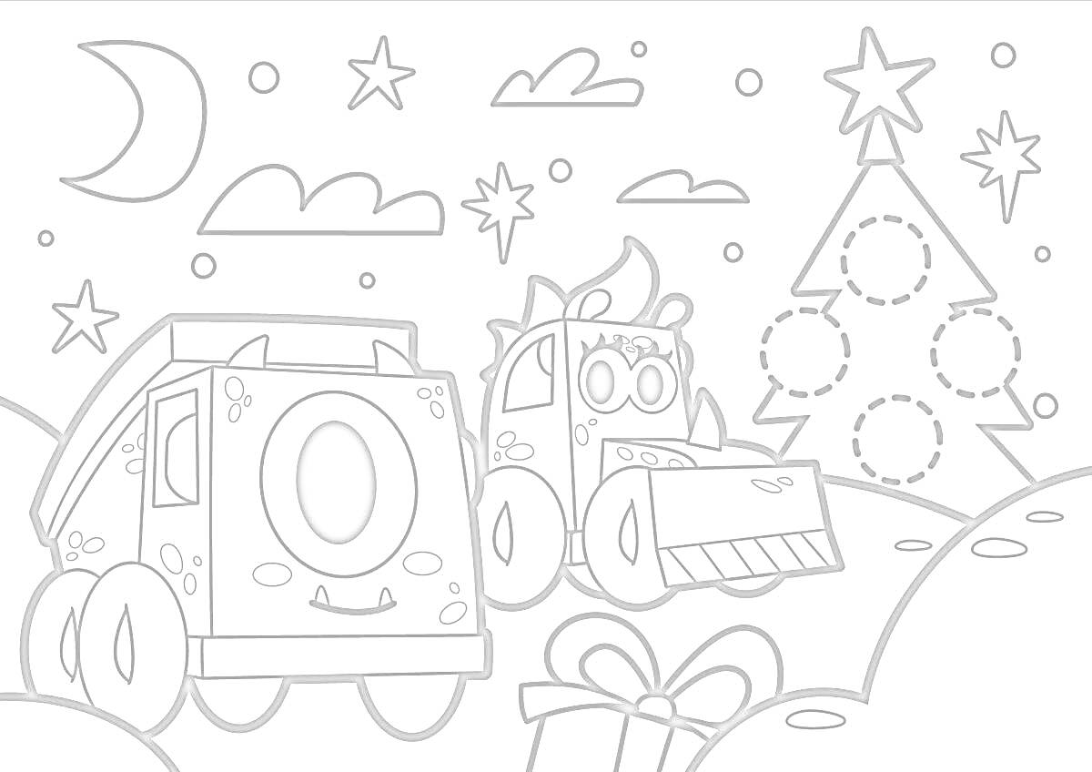 На раскраске изображено: Новогодняя елка, Украшения, Подарки, Ночь, Звезды, Месяц, Облака, Снег