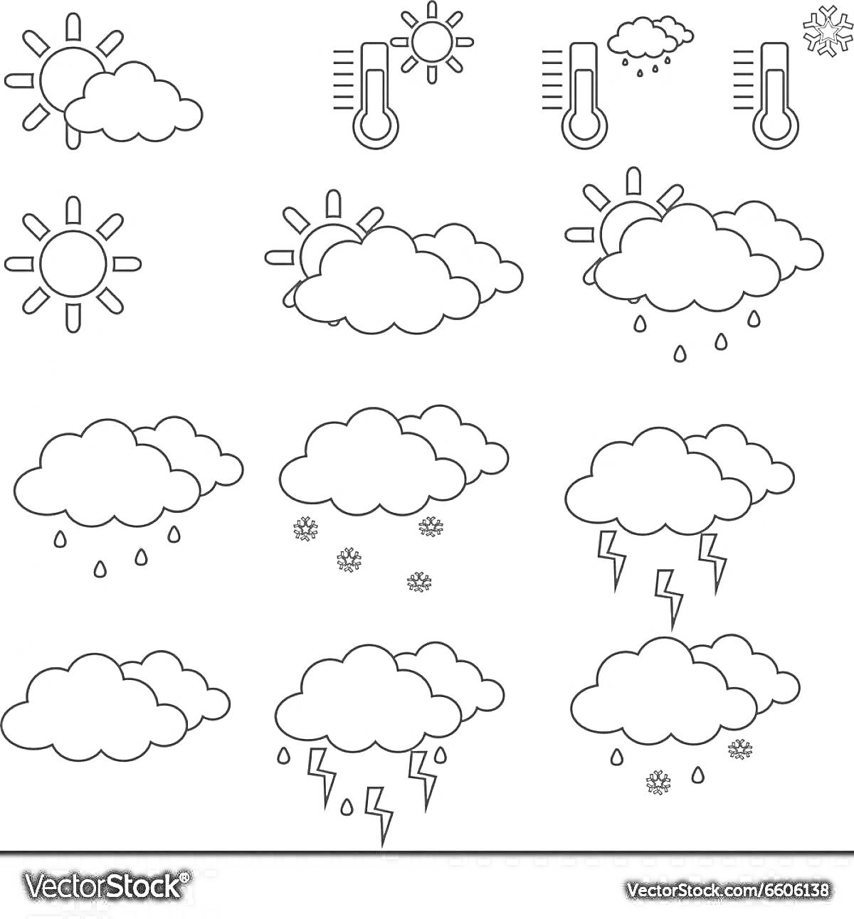 На раскраске изображено: Солнце, Облака, Дождь, Снег, Иконки, Погода
