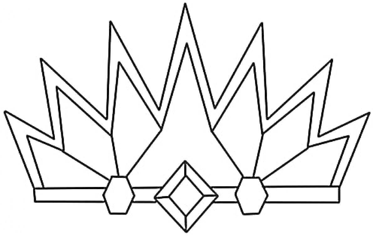 Раскраска Корона с острыми зубцами и тремя крупными камнями