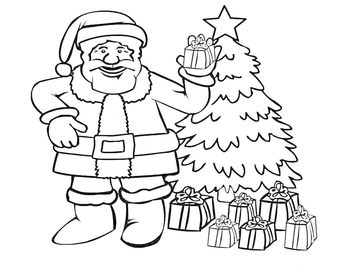 На раскраске изображено: Рождественская елка, Подарки, Праздники, Новый год, Рождественские украшения, Звезды, Санта Клаус