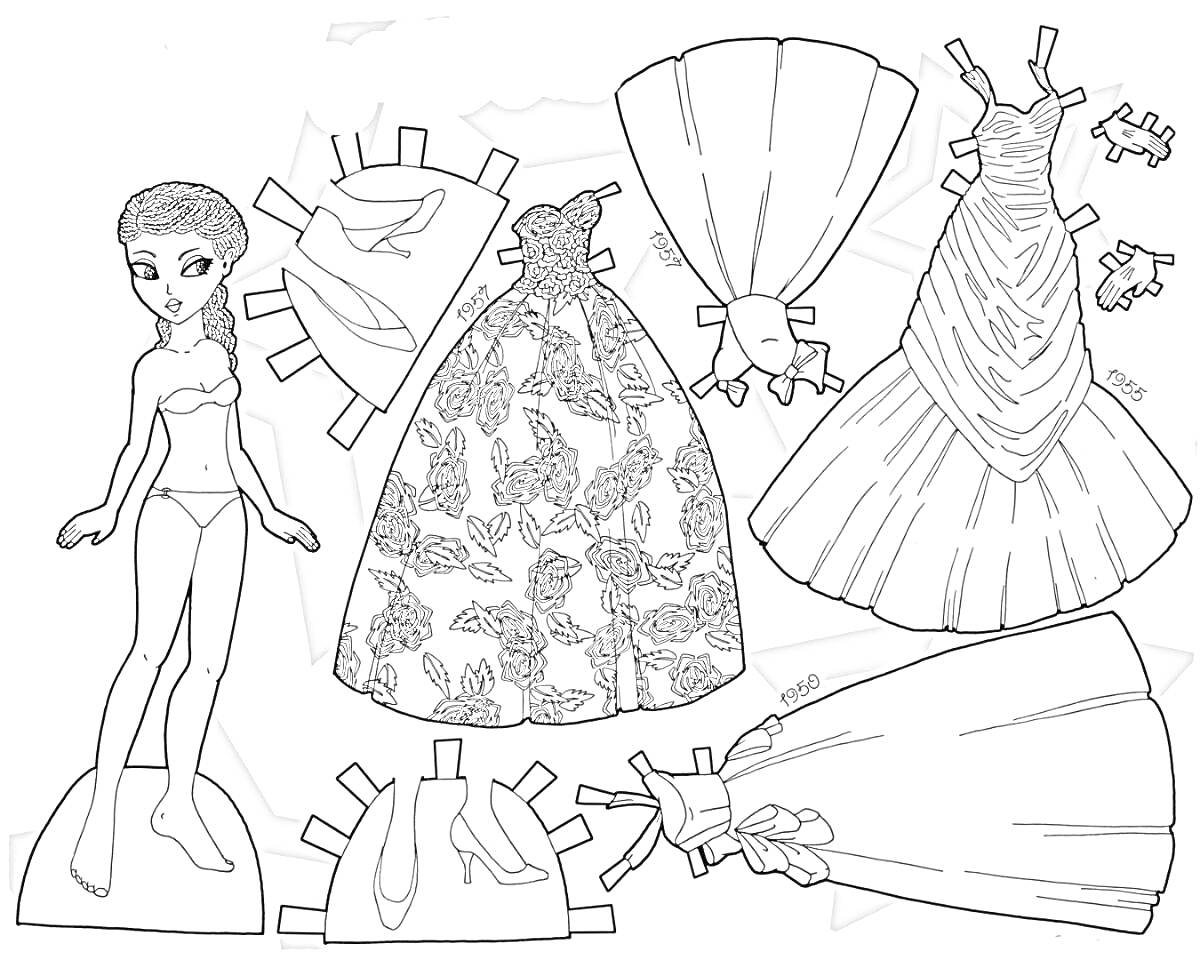 Раскраска Кукла с четырьмя платьями и двумя парами обуви для вырезания
