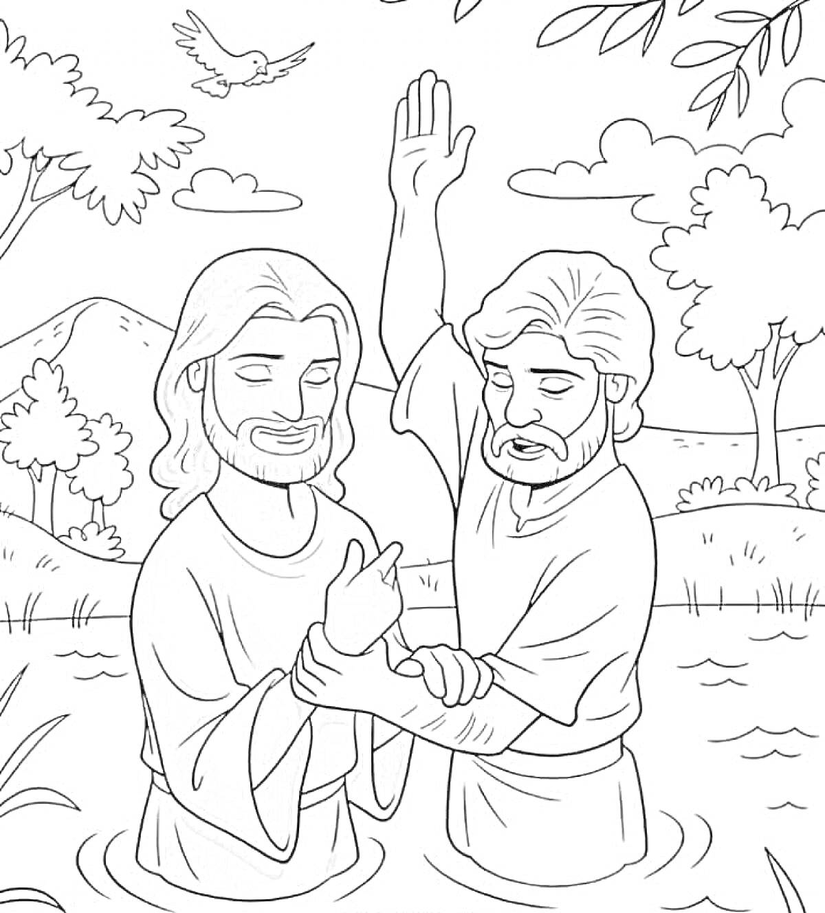 Раскраска Крещение Иисуса в реке, два человека в воде, один крестит другого, голубь летит над ними, деревья и кусты на заднем плане