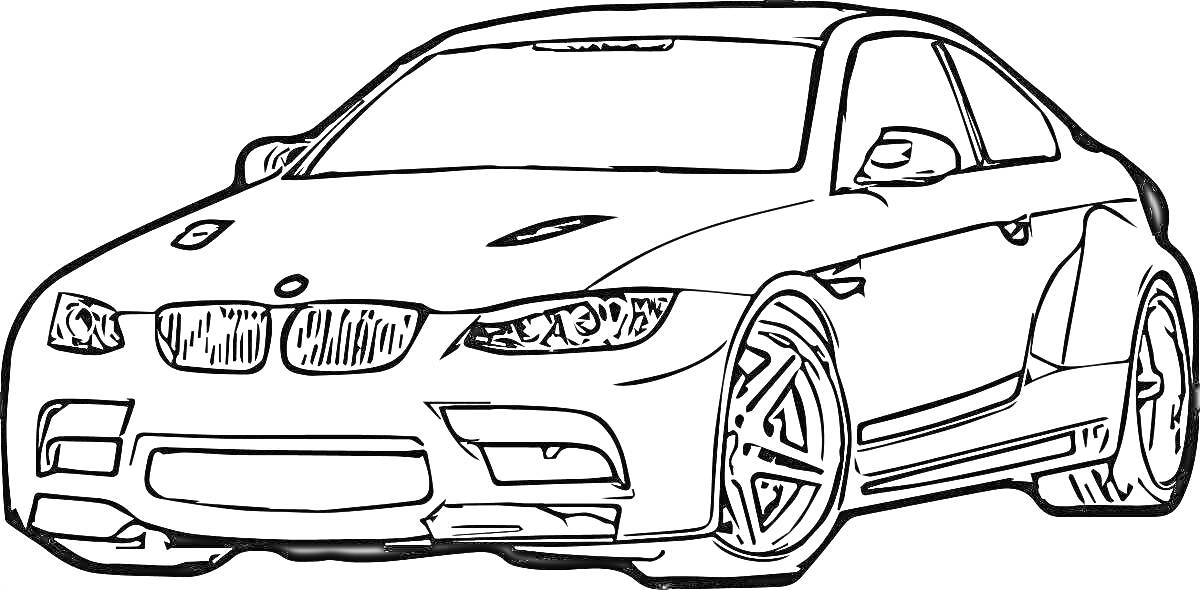 На раскраске изображено: BMW, Спортивный автомобиль, Передняя часть, Кузов, Транспорт, Машины
