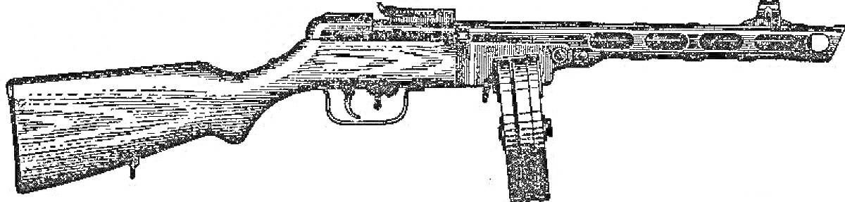На раскраске изображено: Ппш, Пистолет-пулемет, Оружие, Автомат, Приклад